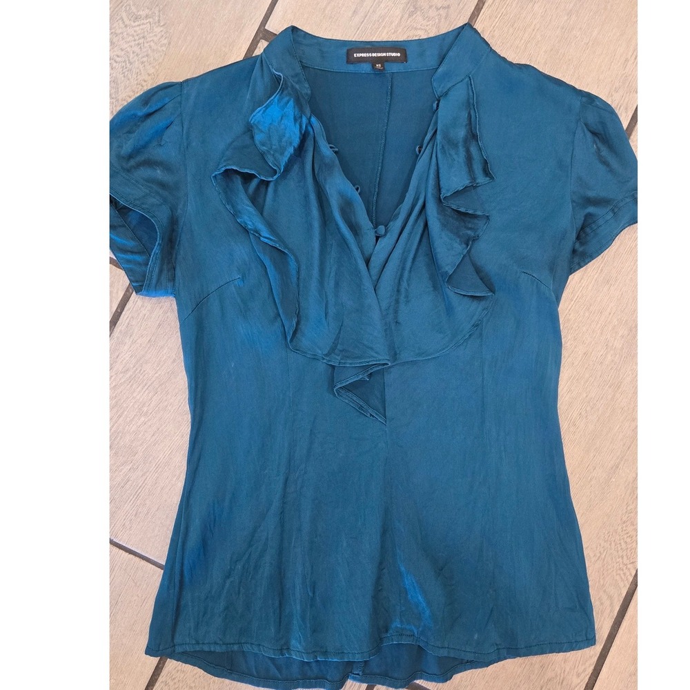 Express Design Studio Teal Blue Silk Ruffle V-Neck Puff Sleeve Blouse XS